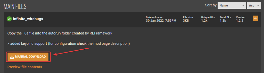 Vous pouvez télécharger manuellement les fichiers Monster Hunter Rise Infinite Wirebugs Mod directement à partir de Nexus Mods