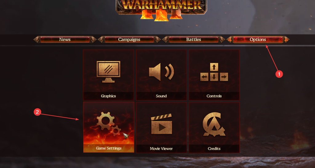 Menu des options de Warhammer 3.  Cela nous donne un tas d'options, ainsi que la possibilité de corriger le texte manquant de Total War Warhammer 3
