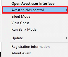 sélectionnez l'option de contrôle des boucliers Avast.  Correction de la caméra ne fonctionnant pas sur les équipes