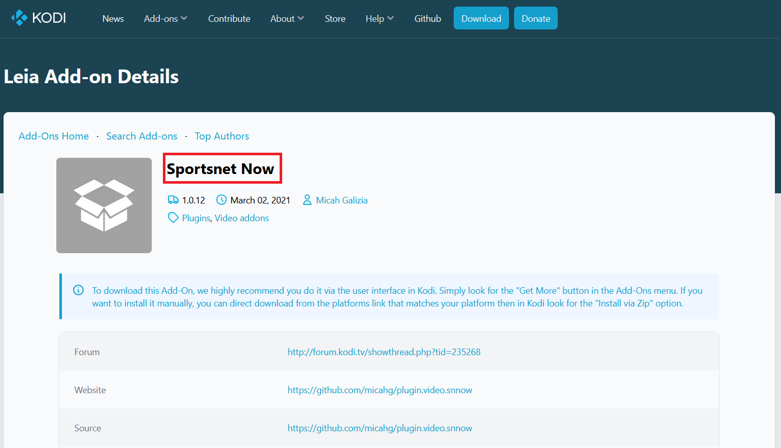 Module complémentaire Kodi Sportsnet Now