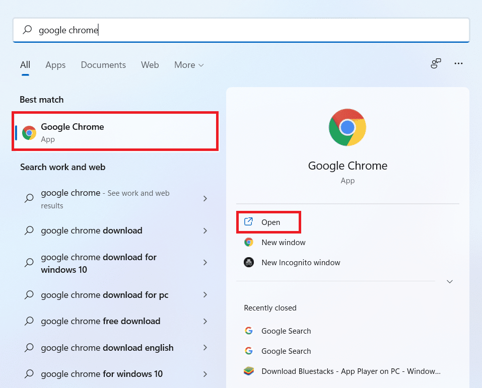 Tapez Google Chrome dans la barre de recherche de Windows et cliquez sur Ouvrir |  comment télécharger Google Maps pour Windows 10/11