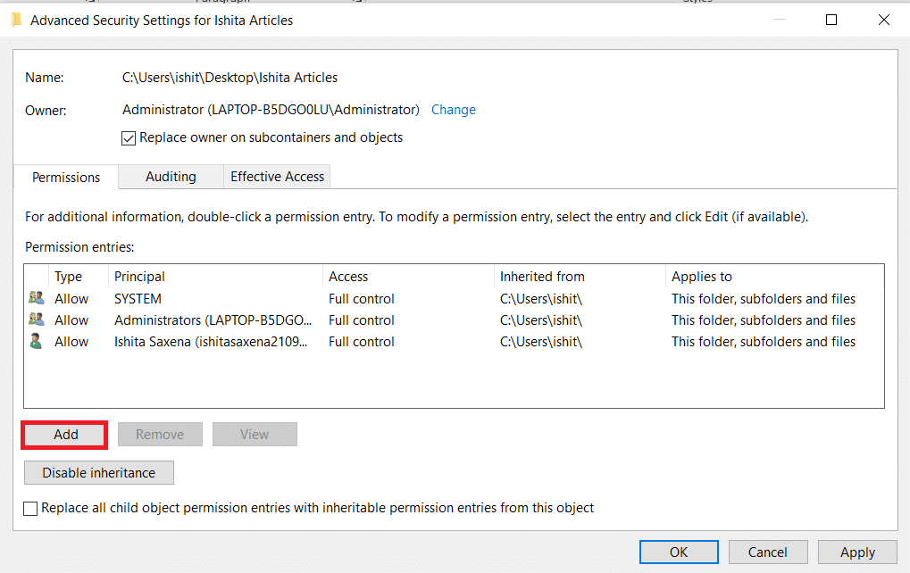 Fenêtre Paramètres de sécurité avancés.  Comment modifier les autorisations de fichiers dans Windows 10