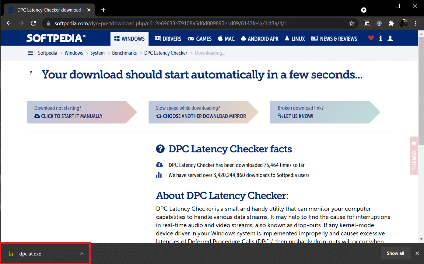 Page de téléchargement de DPC Latency Checker 1.4.0 dans Softpedia.  Le fichier exe est téléchargé.