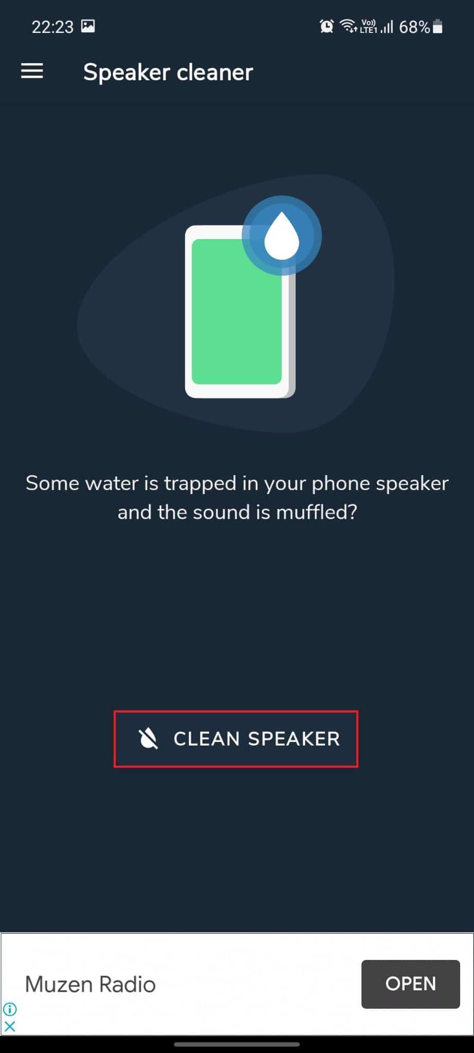 Speaker Cleaner - Supprimez l'eau et corrigez l'application sonore.  L'option Nettoyer le haut-parleur est en surbrillance.  Comment réparer les dégâts d'eau du haut-parleur du téléphone