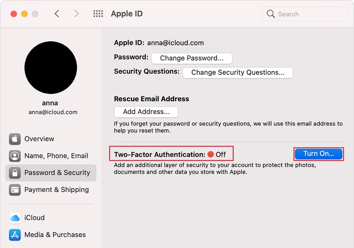 activer l'authentification à deux facteurs dans le mot de passe Mac et les paramètres de sécurité