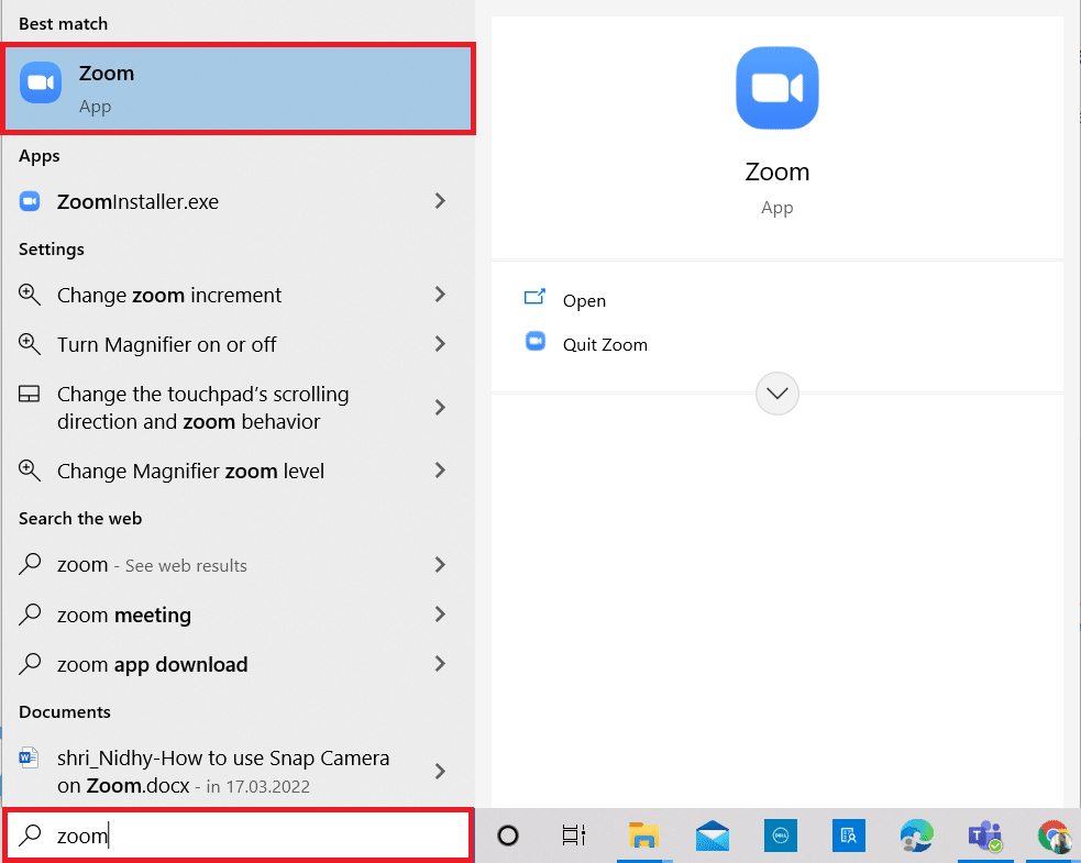 tapez Zoom dans le menu de recherche et ouvrez-le.  Comment réparer l'erreur d'ID de réunion Zoom non valide dans Windows 10