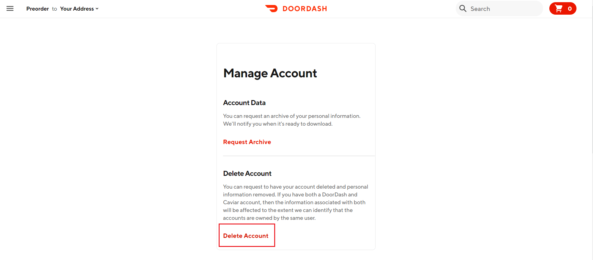 Supprimer le compte dans la page de gestion du compte DoorDash