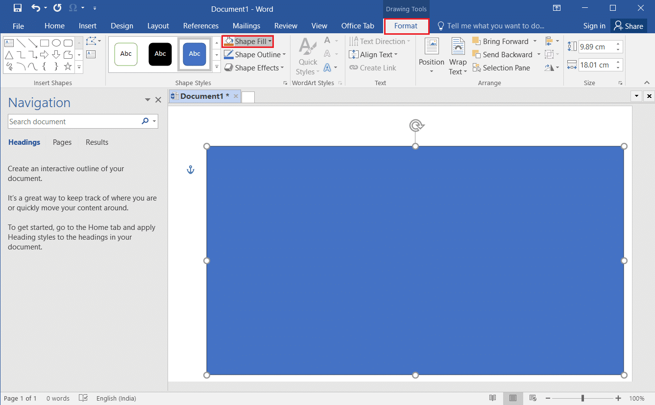 cliquez sur l'onglet Format et cliquez sur l'option Shape Fill dans MS Word