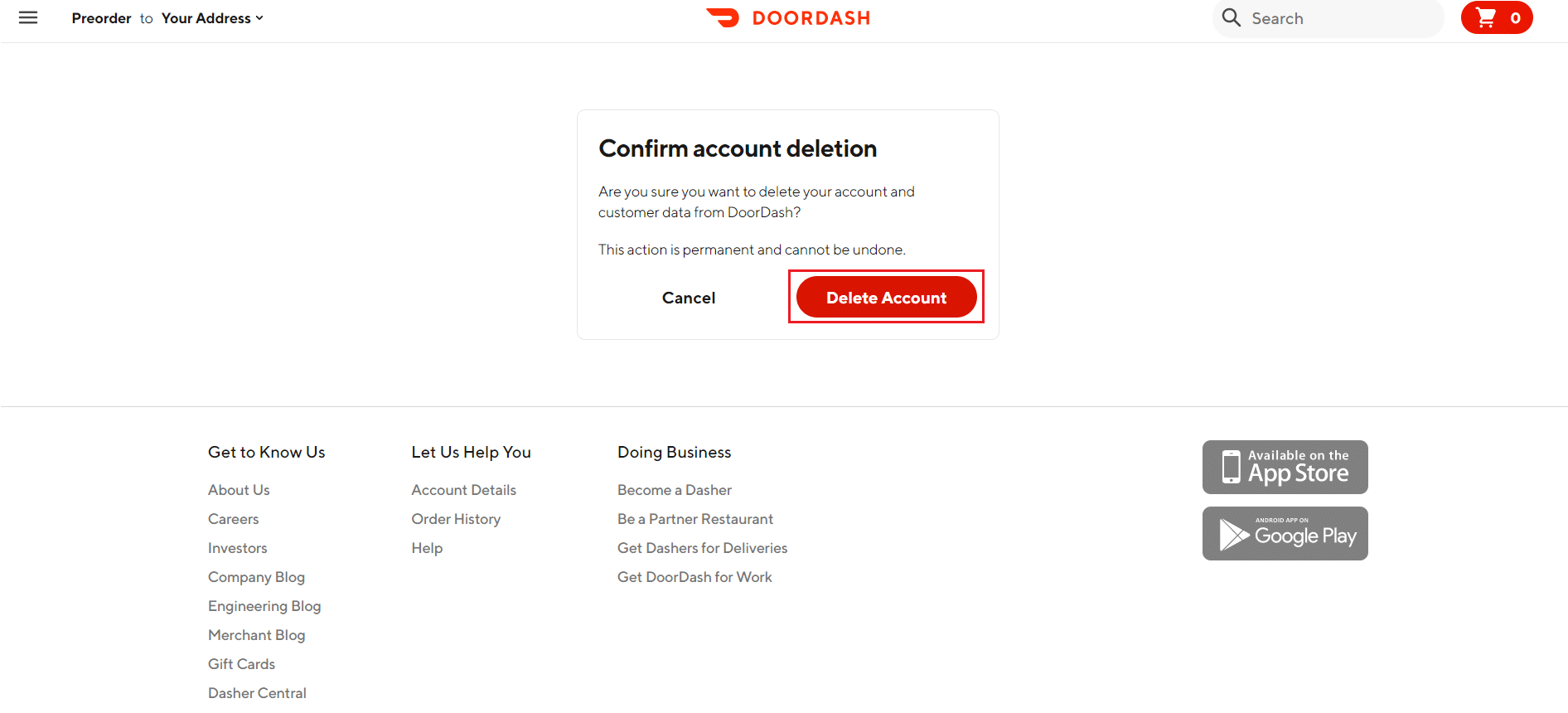 cliquez sur supprimer le compte pour confirmer la suppression du compte sur le site Web DoorDash