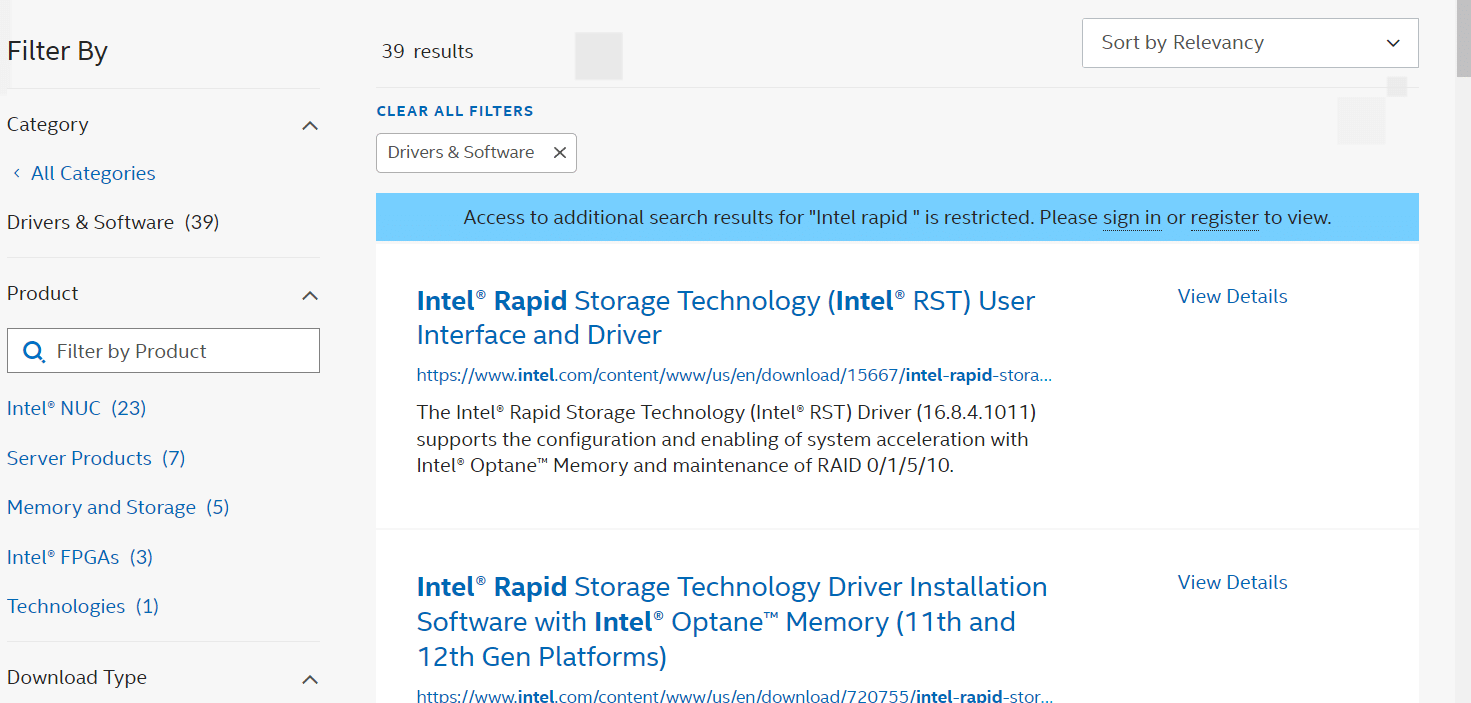 Accédez au site Web de téléchargement des pilotes RST et téléchargez les pilotes appropriés et les plus récents.  Comment réparer le service Intel RST ne fonctionne pas dans Windows 10