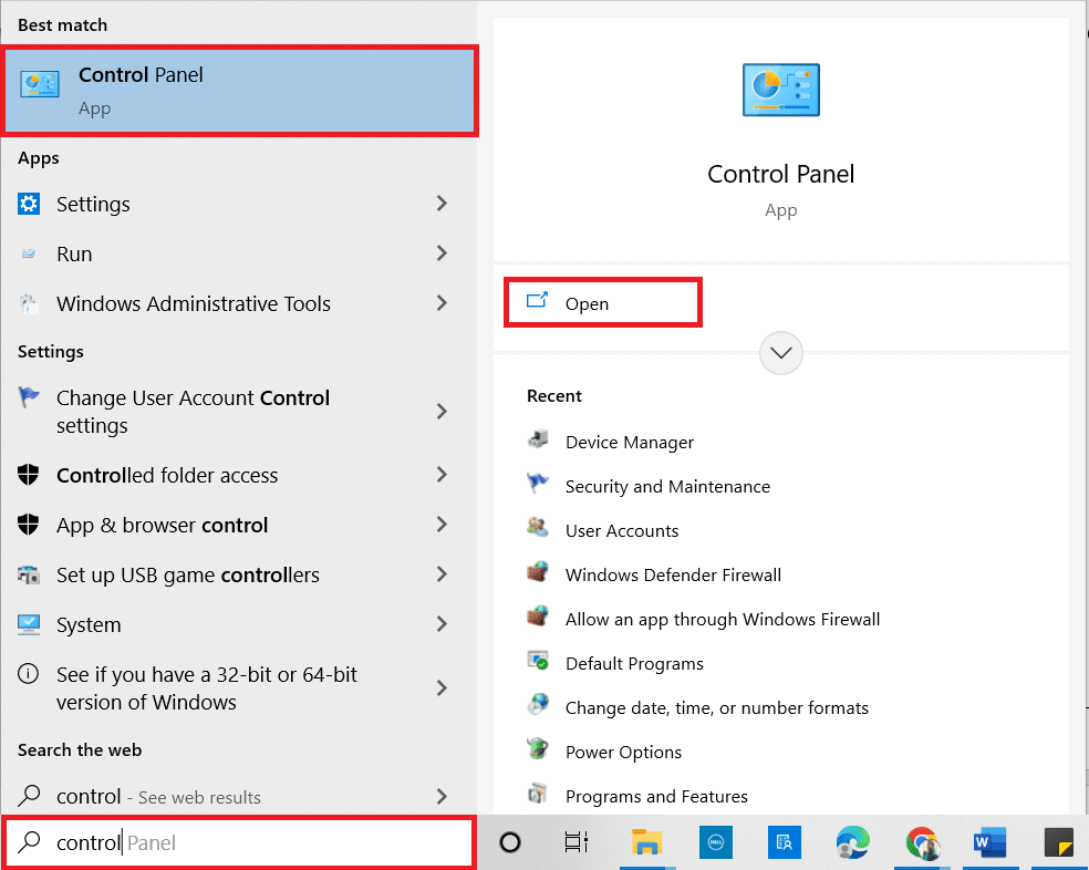 Appuyez sur la touche Windows et tapez Panneau de configuration.  Ensuite, cliquez sur Ouvrir.  Correction du menu de démarrage d'erreur critique de Windows 10 et Cortana ne fonctionne pas