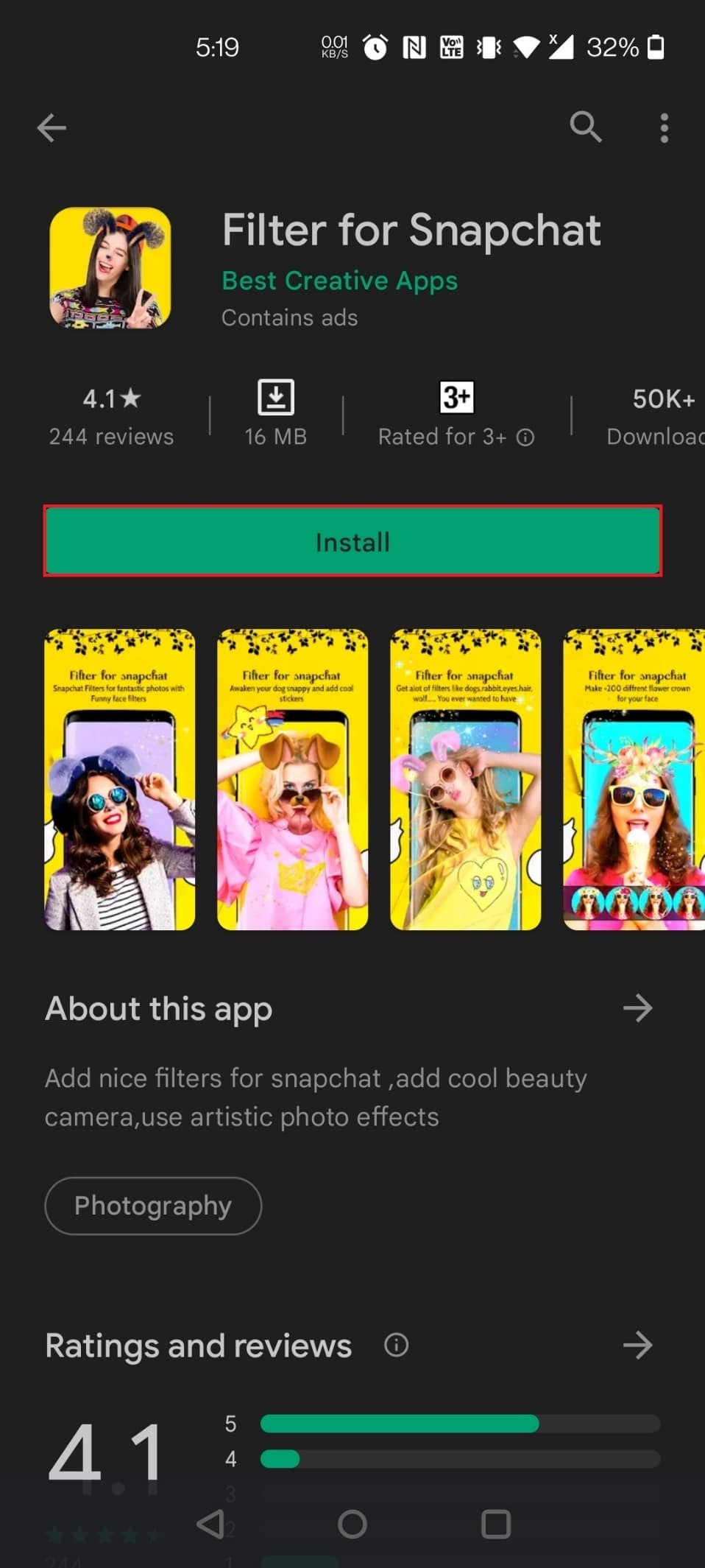 Installez l'application que vous souhaitez.  Ici, le filtre pour Snapchat est choisi.  Comment mettre des filtres Snapchat sur les images de la pellicule