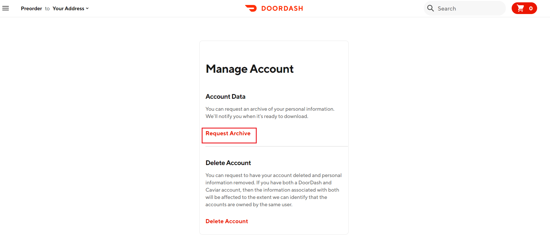 demander une archive dans la page DoorDash Gérer le compte