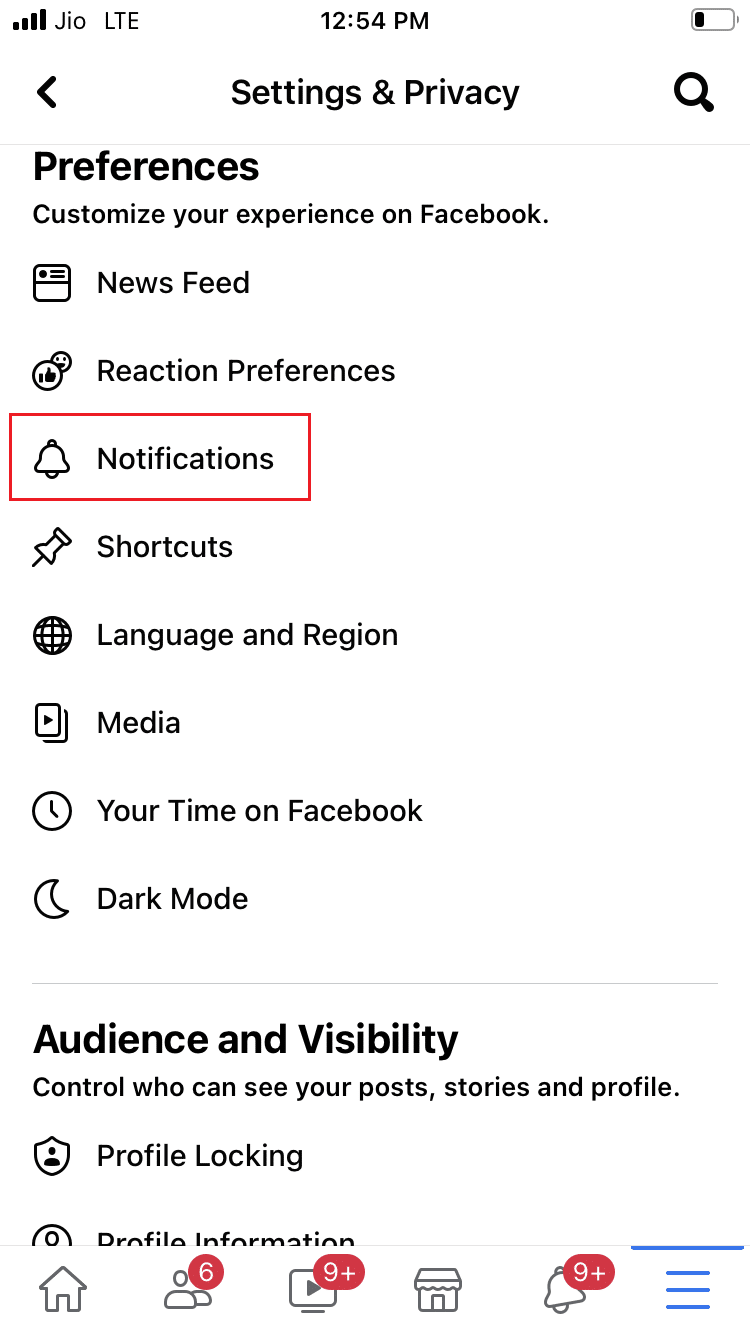 appuyez sur Notifications dans le menu Paramètres et Confidentialité dans l'application Facebook iOS