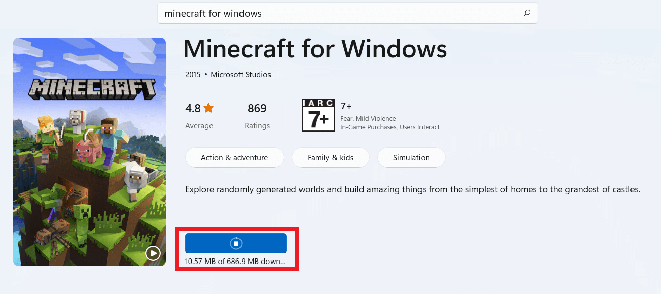 Attendez que le téléchargement se termine.  Comment obtenir Windows 10 Minecraft Edition gratuitement