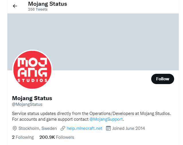 Visitez la page d'état de Mojang sur Twitter