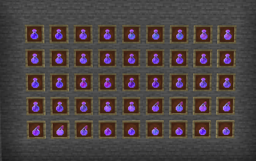 Cinq rangées de potions Minecraft dans des cadres d'objets contre un mur de pierre.