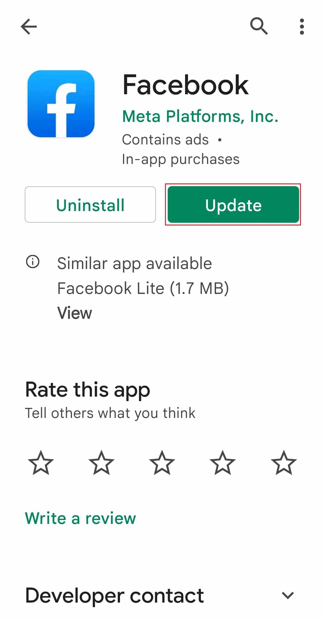 appuyez sur l'option de mise à jour dans Facebook google play store android