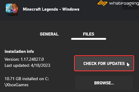 Installé > Minecraft Legends > Three Dots > Gérer > Fichiers > Vérifier les mises à jour”  />
</picture>
</noscript><figcaption class=